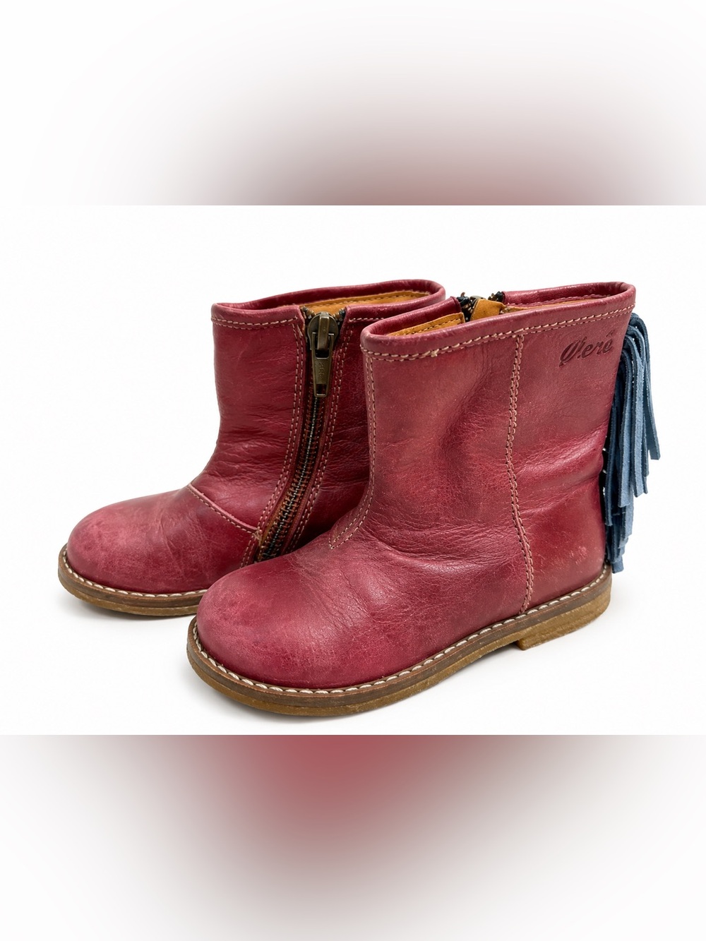 Ocra Distressed Red bootie with Blue suede Fringe. Size 21/5. Great condition
